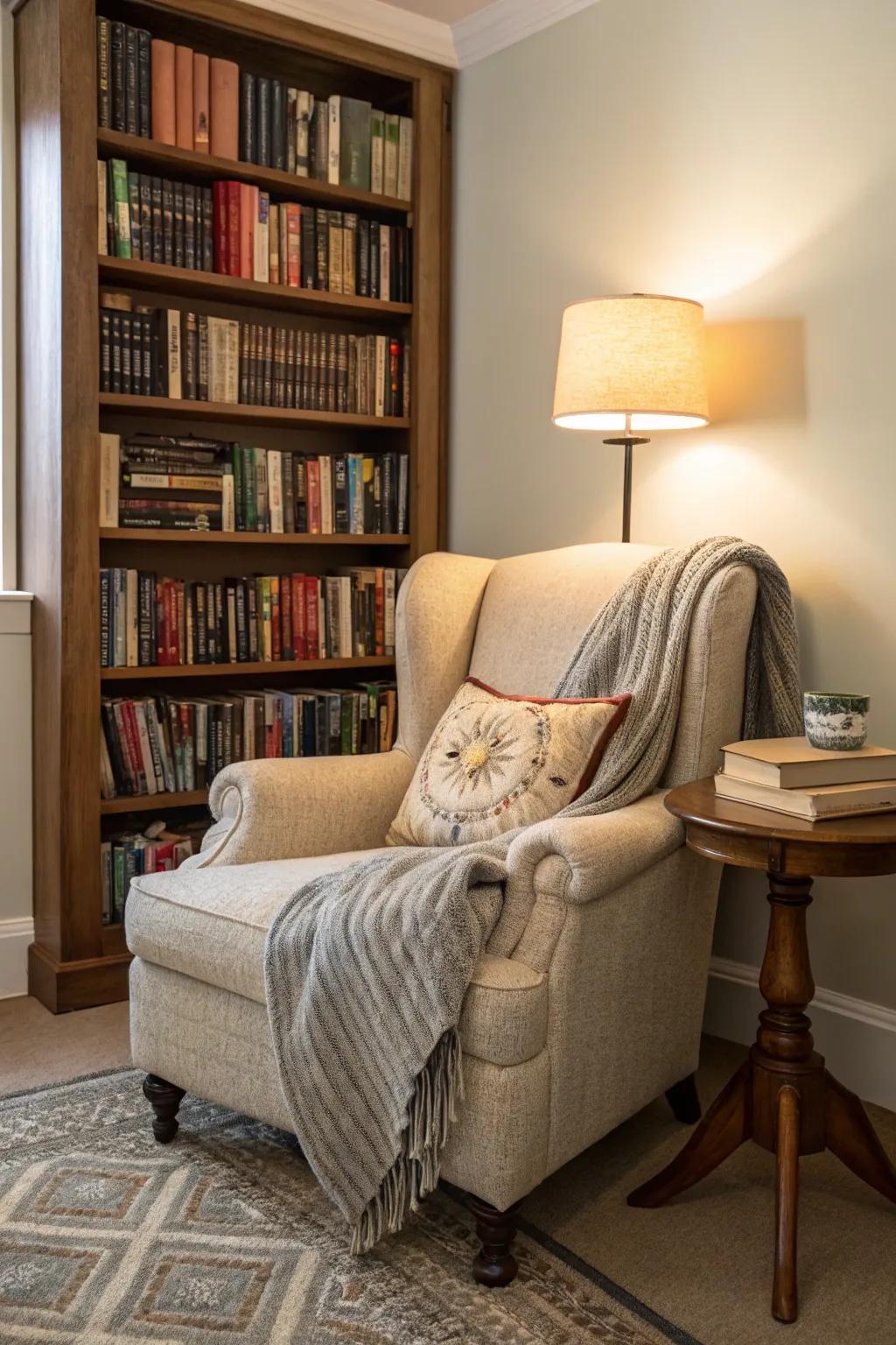 A cozy nook for reading nestled by the bookshelf wall.