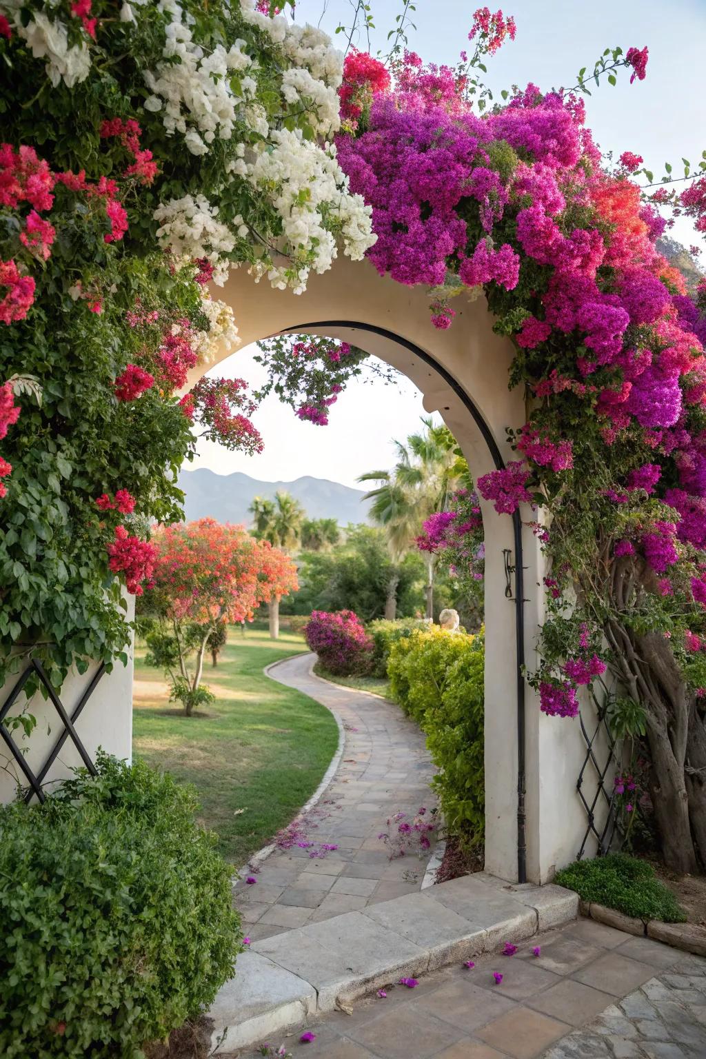 A garden entrance turned into an enchanting archway adorned with bougainvillea.