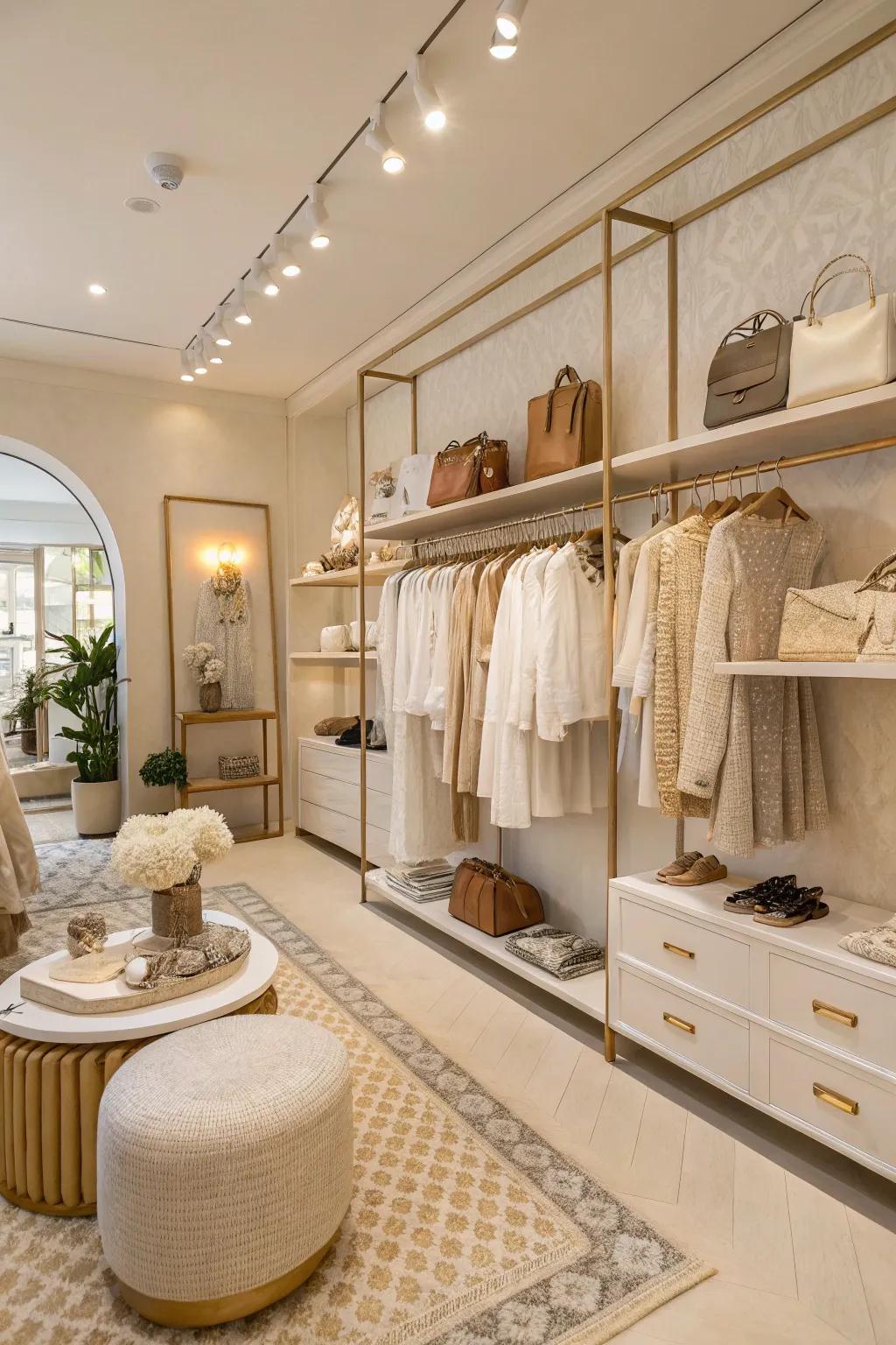 A boutique interior displaying a palette of soft, neutral colors, radiating warmth and elegance.