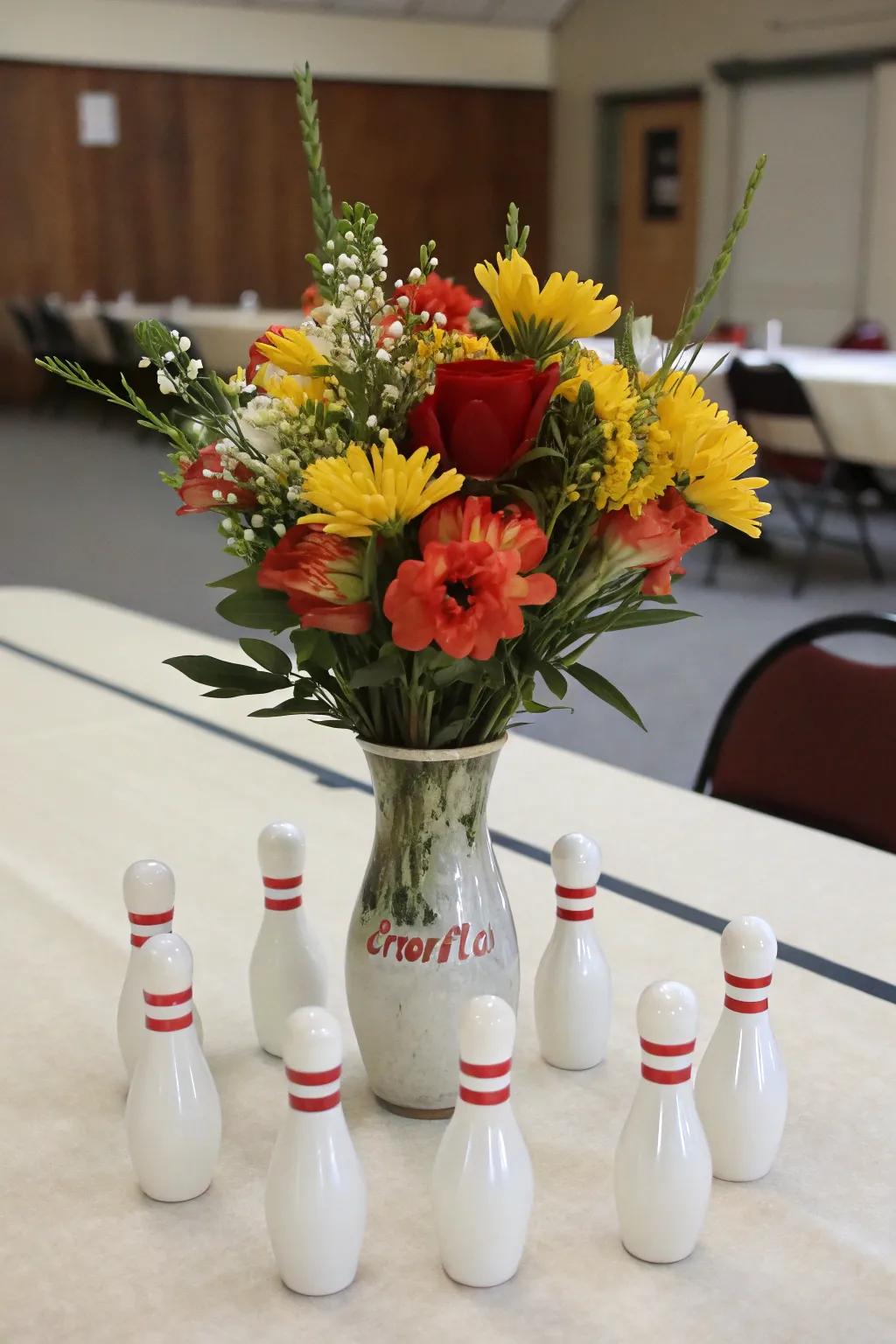 New blossoms add a natural elegance to a bowling-themed centerpiece.