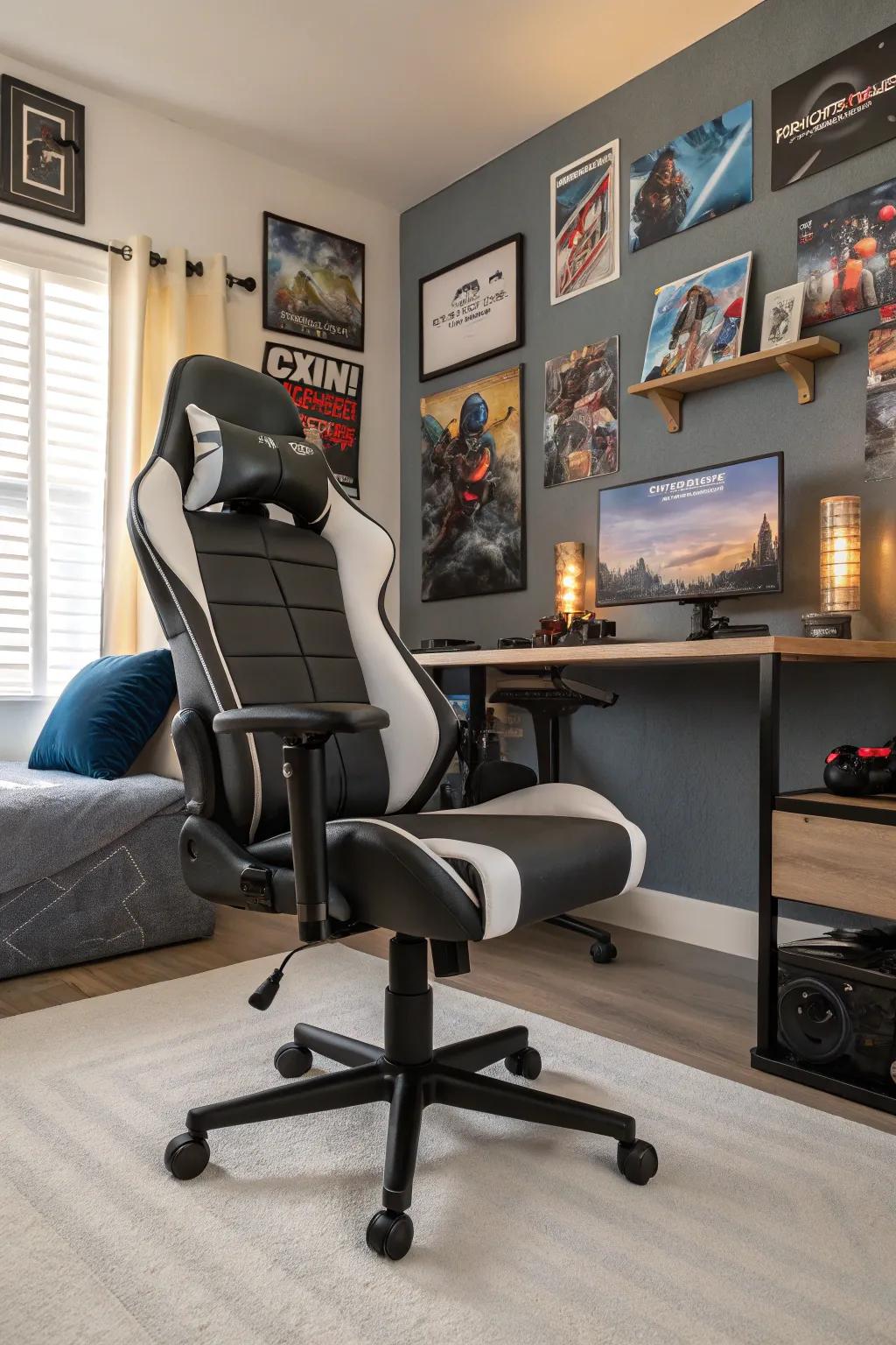 An ergonomic gaming chair provides superior comfort and enhances the visual appeal.