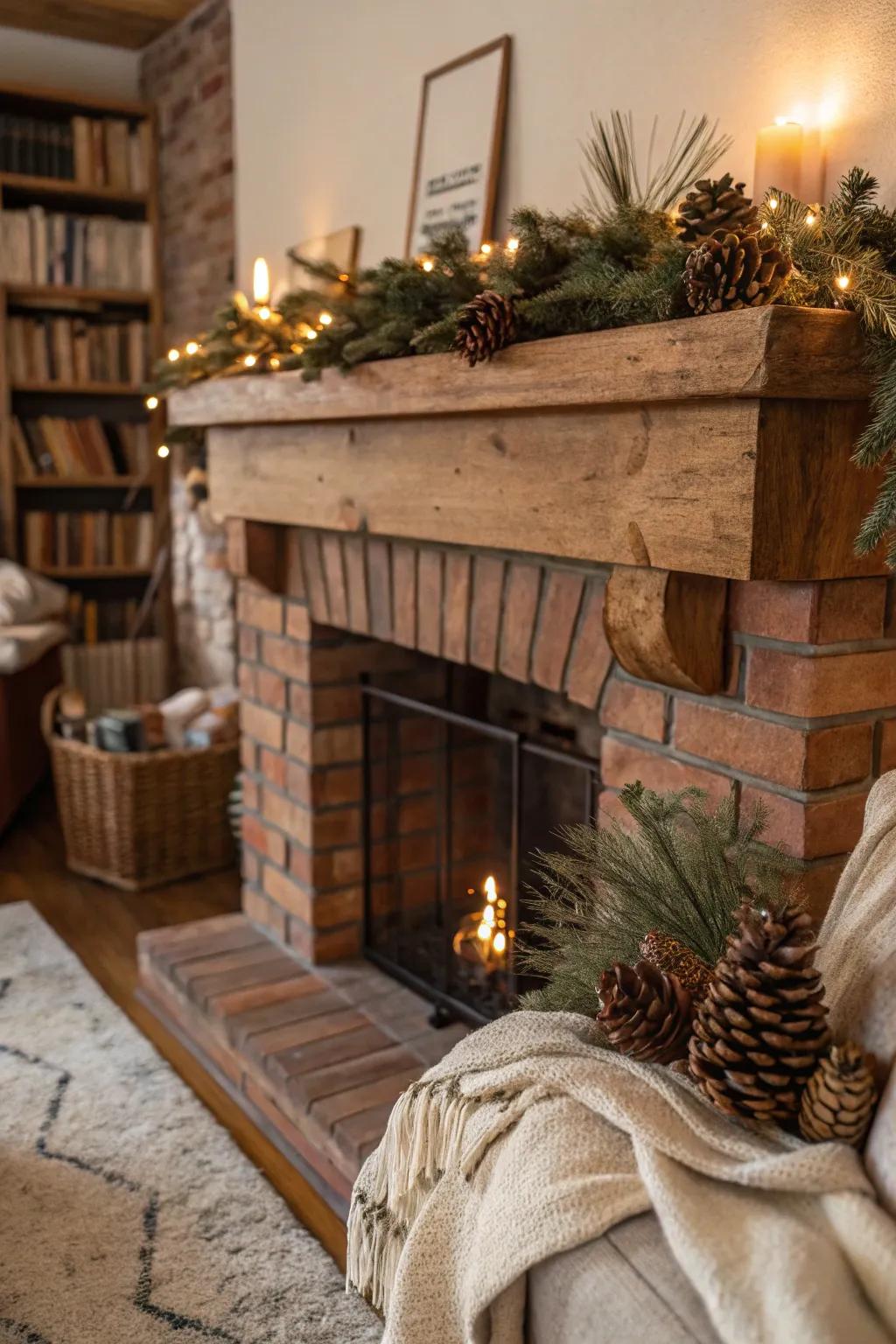 A weathered beam introduces a touch of history and warmth to your hearth.