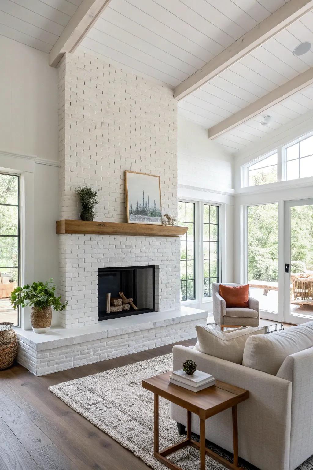 A contemporary lightened brick hearth that introduces a neat and breezy sensation to the space.