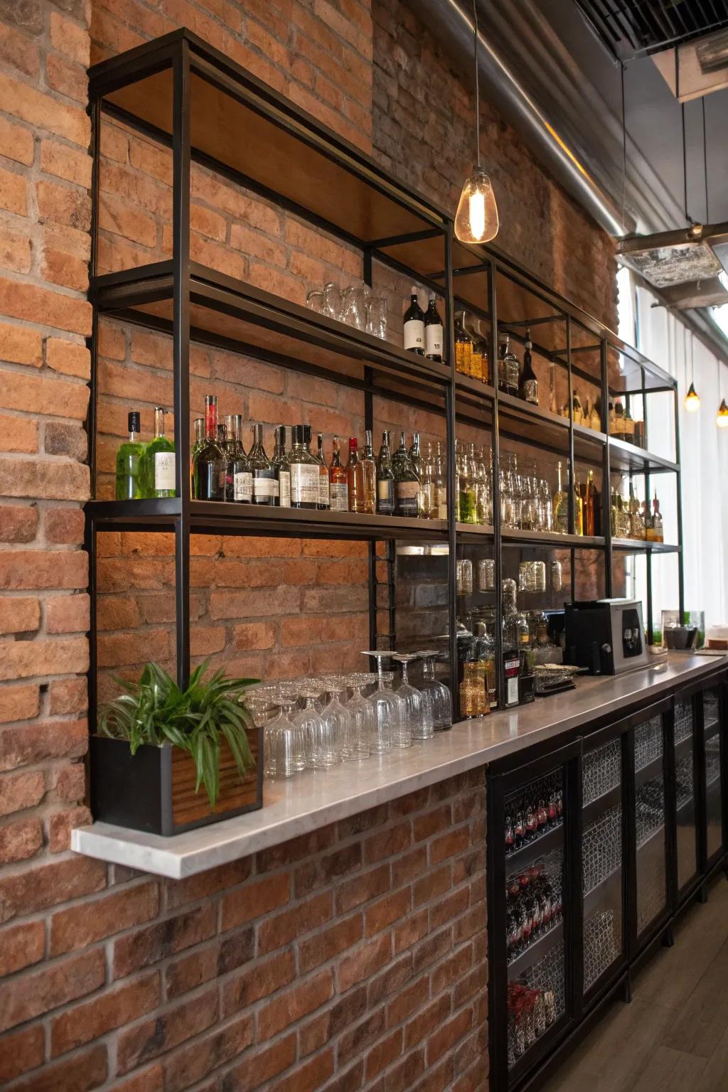 Shop-floor style bar featuring metal racks set against a brick wall.