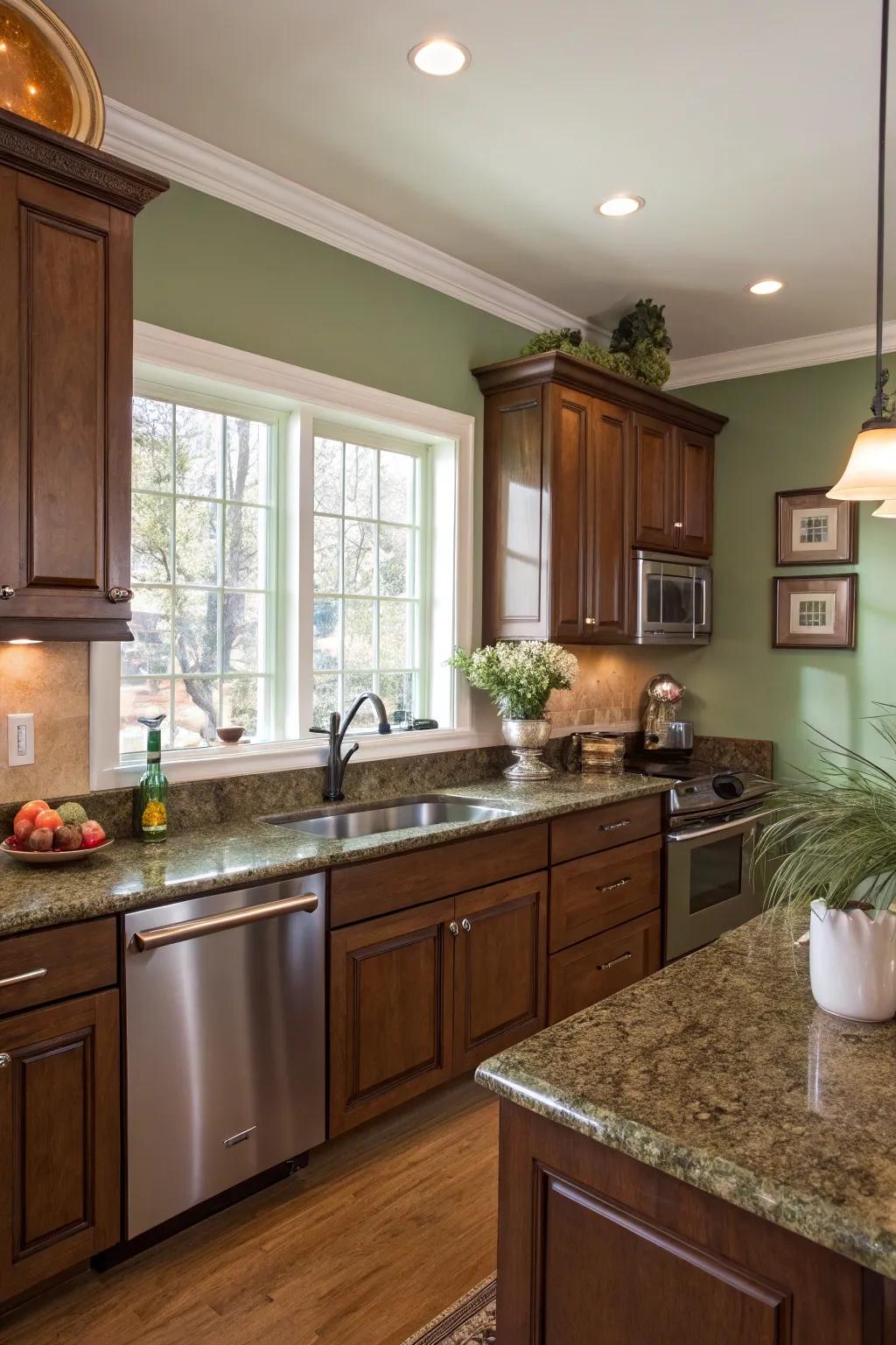 Soothing green walls enhance the natural charm of brown granite.