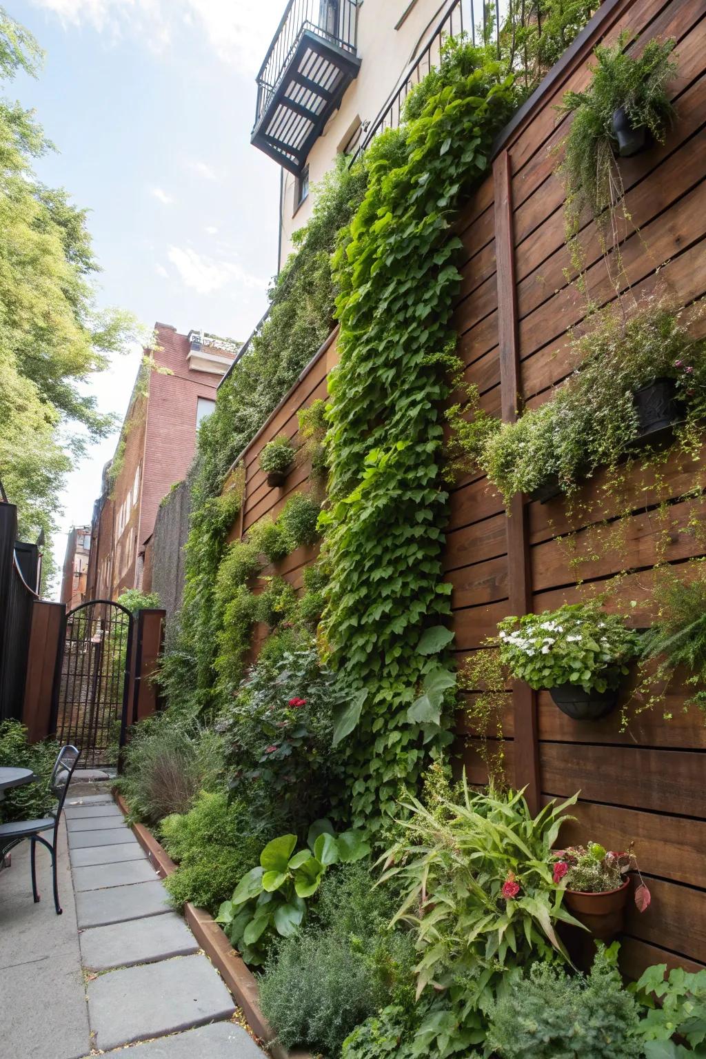 Vertical gardens bring lively greenery to brownstone backyard walls.