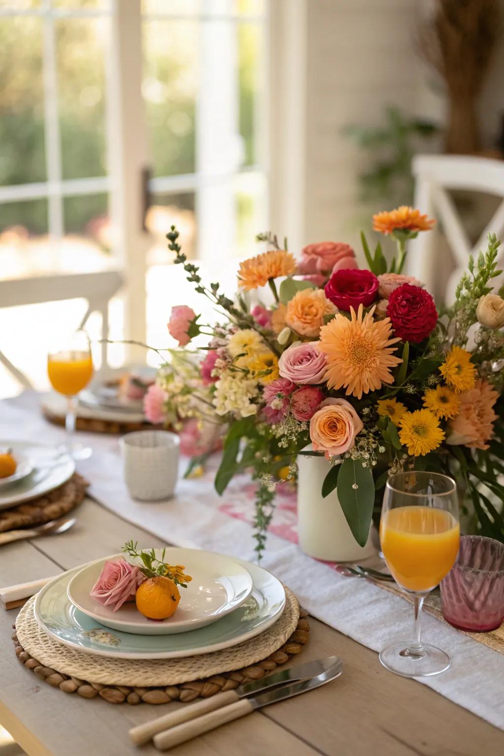 Seasonal blooms impart a touch of sophistication to your brunch arrangement.