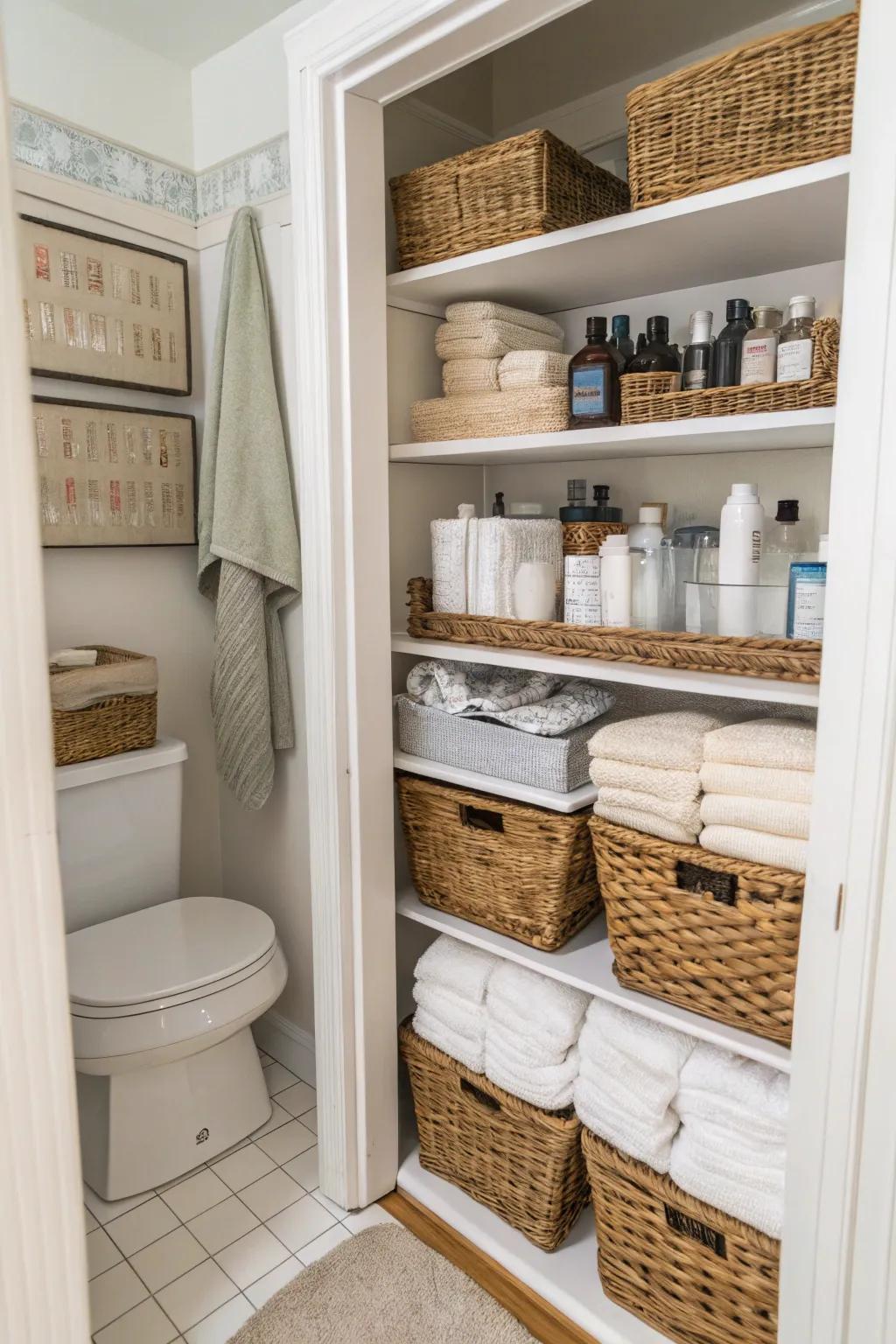 Smart storage options using shelves and baskets in a small bathroom.