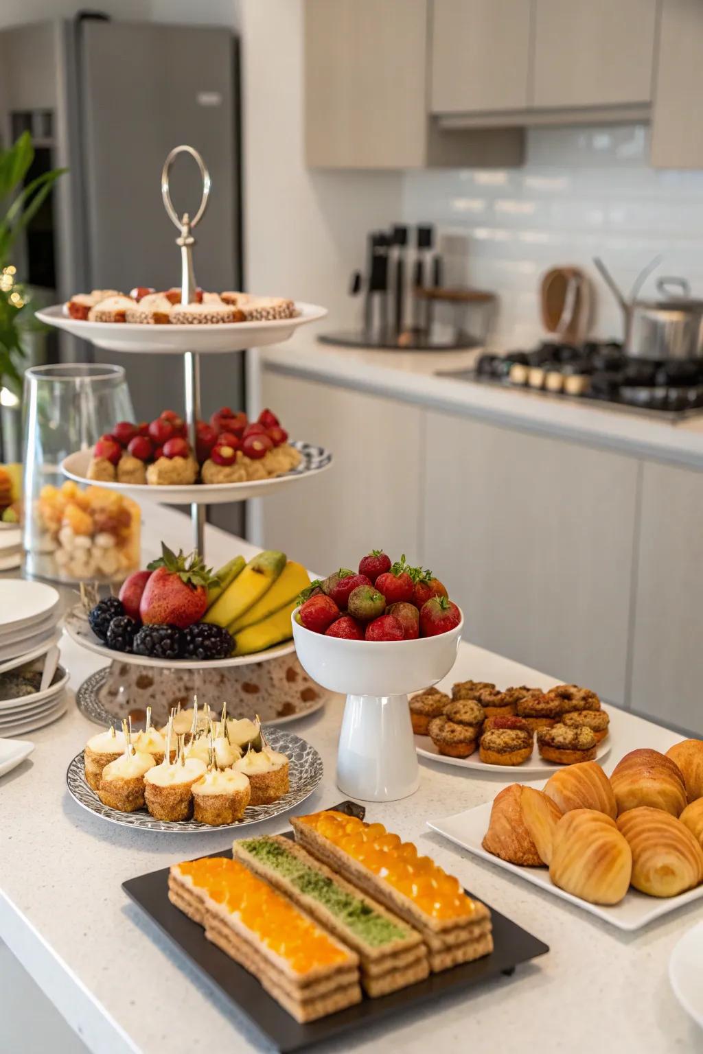 Incorporate visual allure with height and layered design on your buffet arrangement.