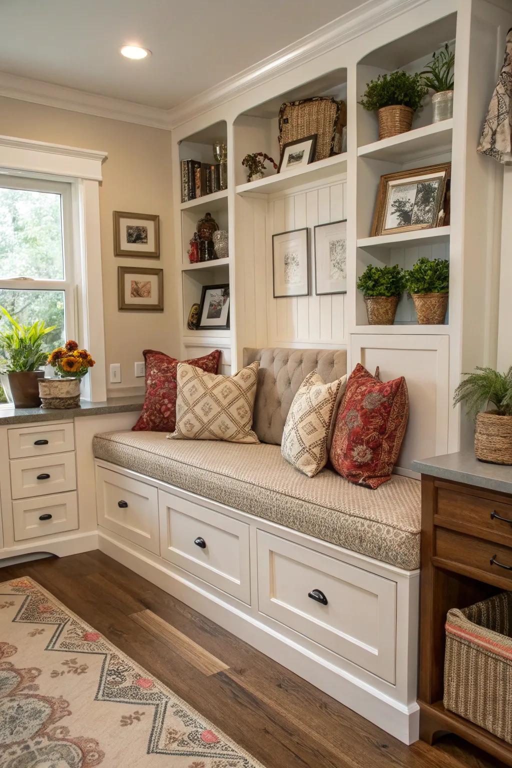 An ingenious storage solution using integrated seating in the kitchen.