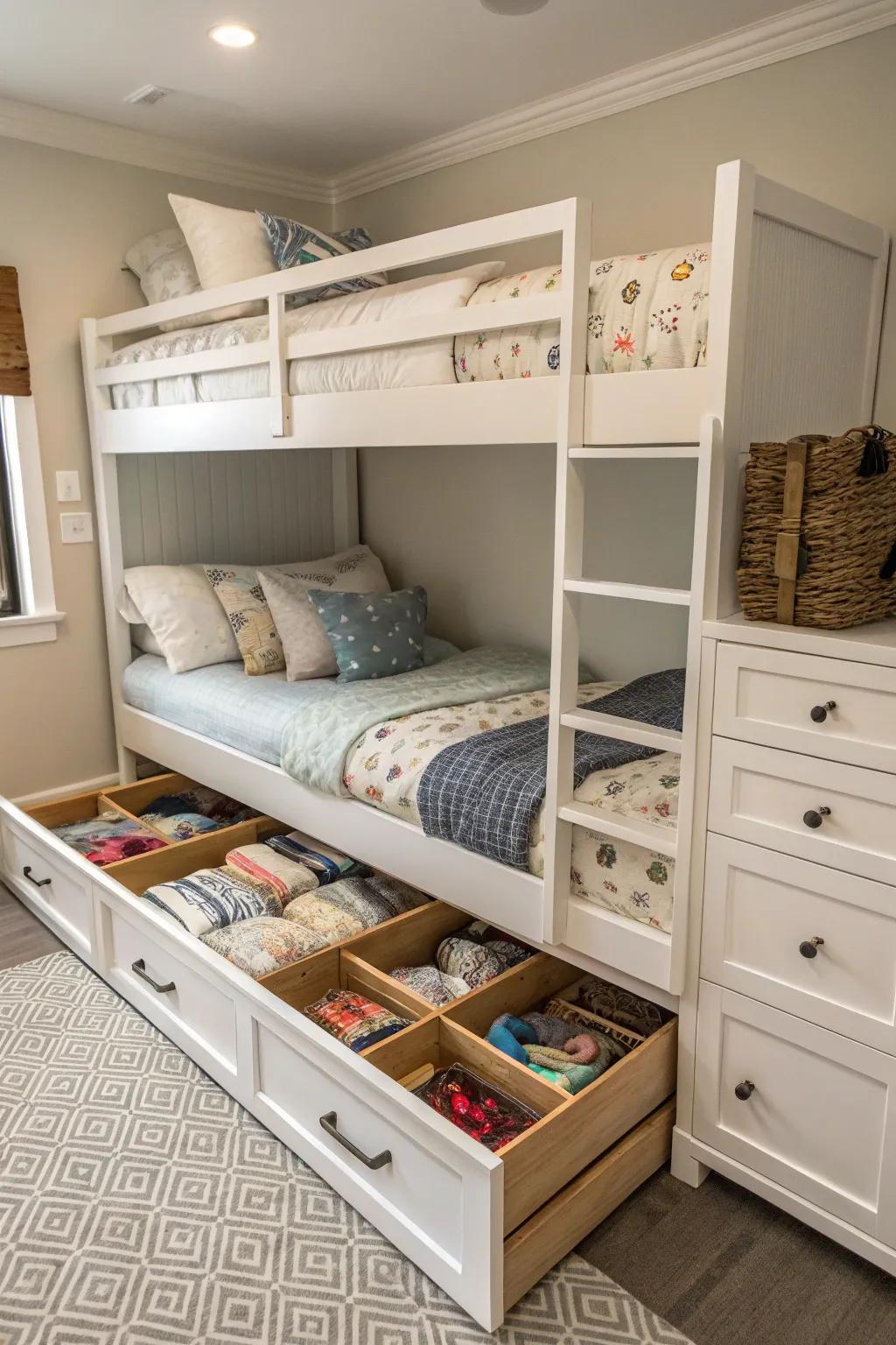 Intelligent storage solutions beneath your bunk beds.