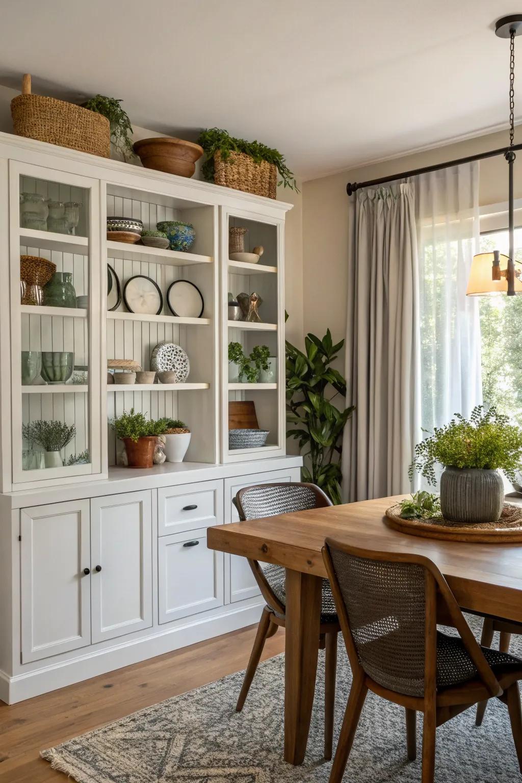 A stylish yet functional dining room showcasing a mix of open shelving and enclosed cabinets.