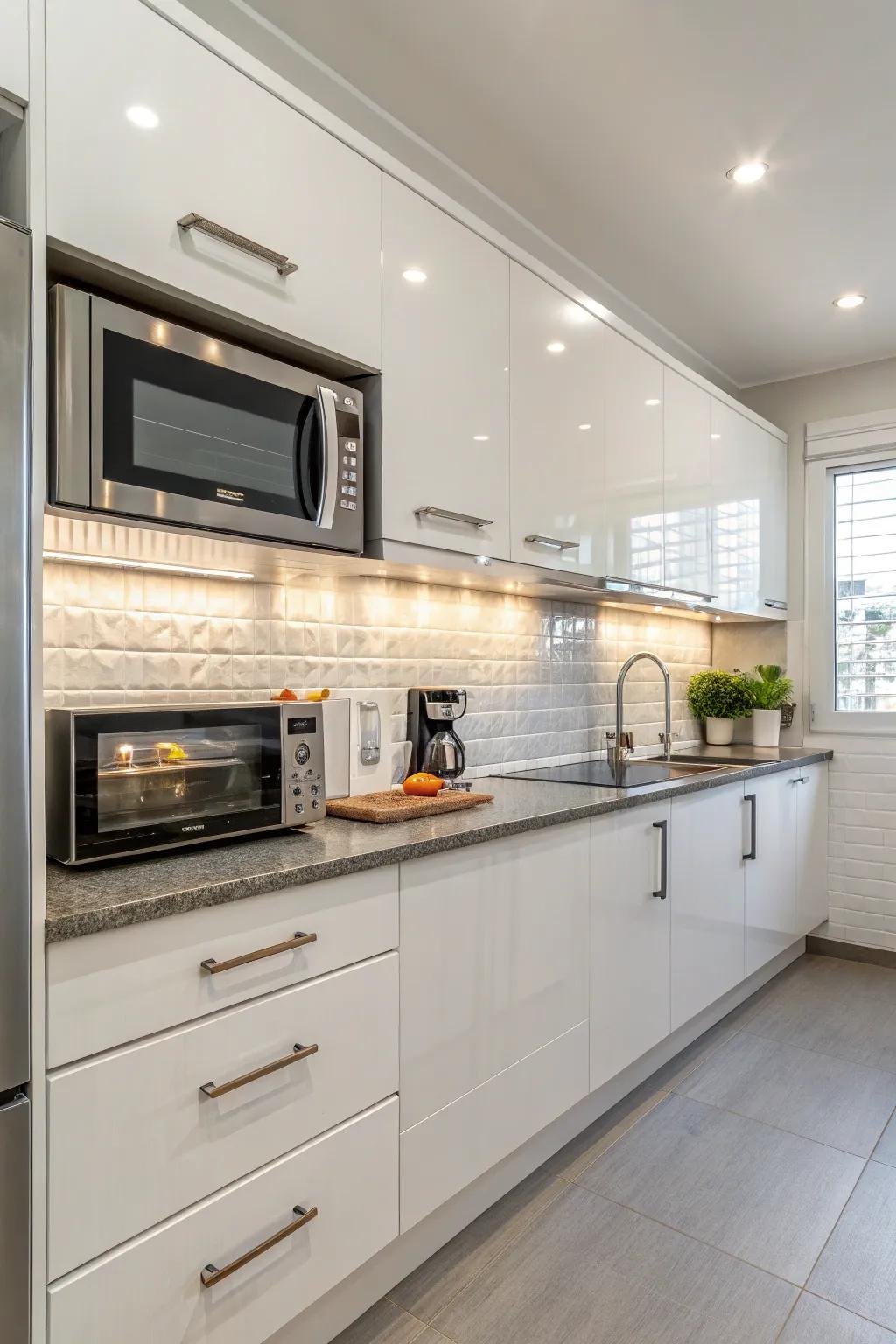 Contemporary kitchen displaying an eye-level microwave embedded in upper cabinets.