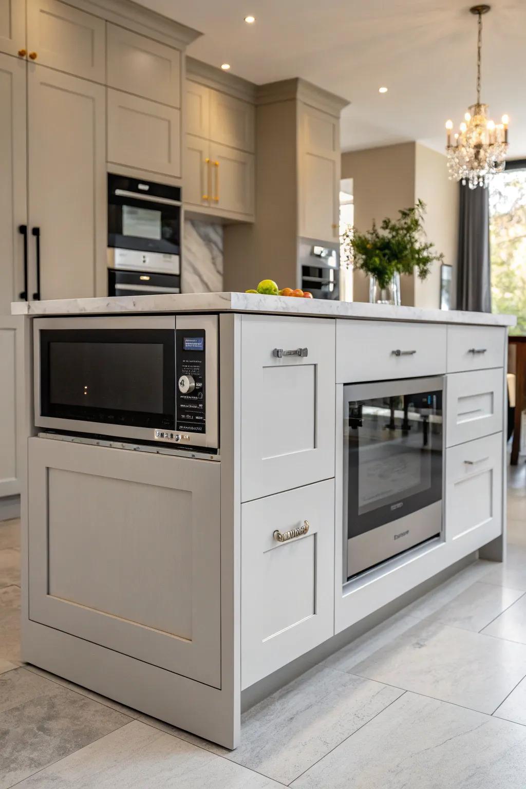 A smooth, drawer-style microwave installed in a kitchen island.