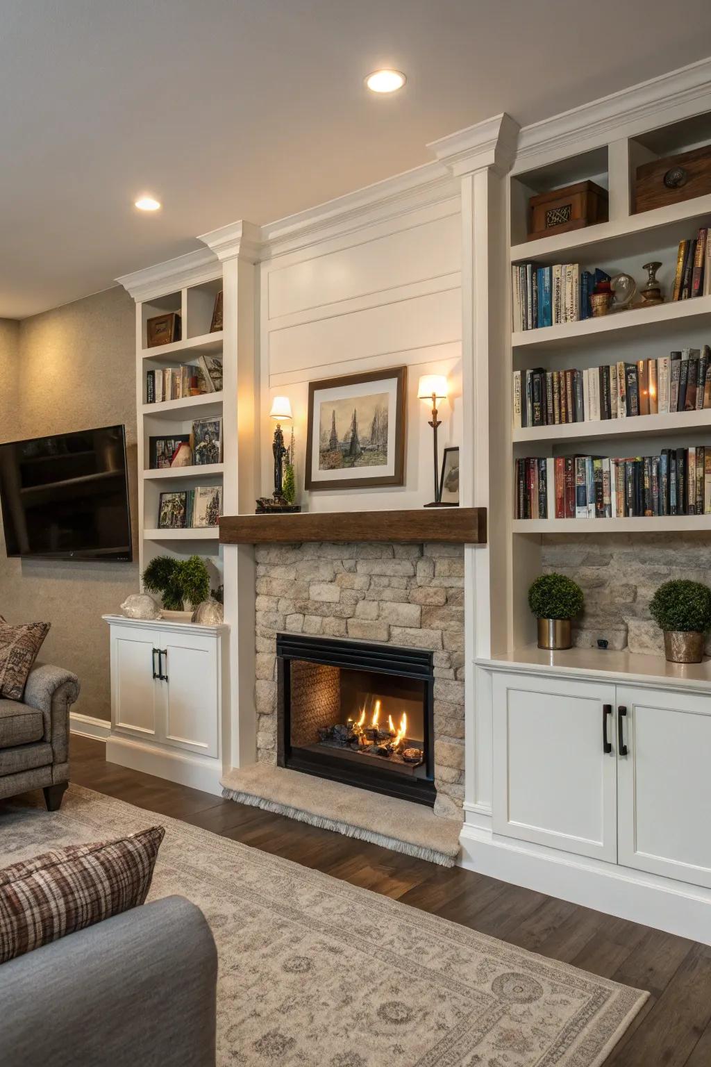 Shelving fitted around the fireplace makes a warm and welcoming environment.