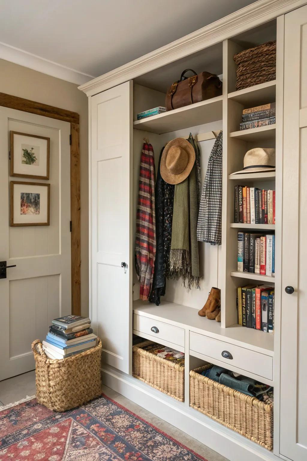 The utilization of open shelves in a wardrobe generates a distinctively personalized atmosphere.