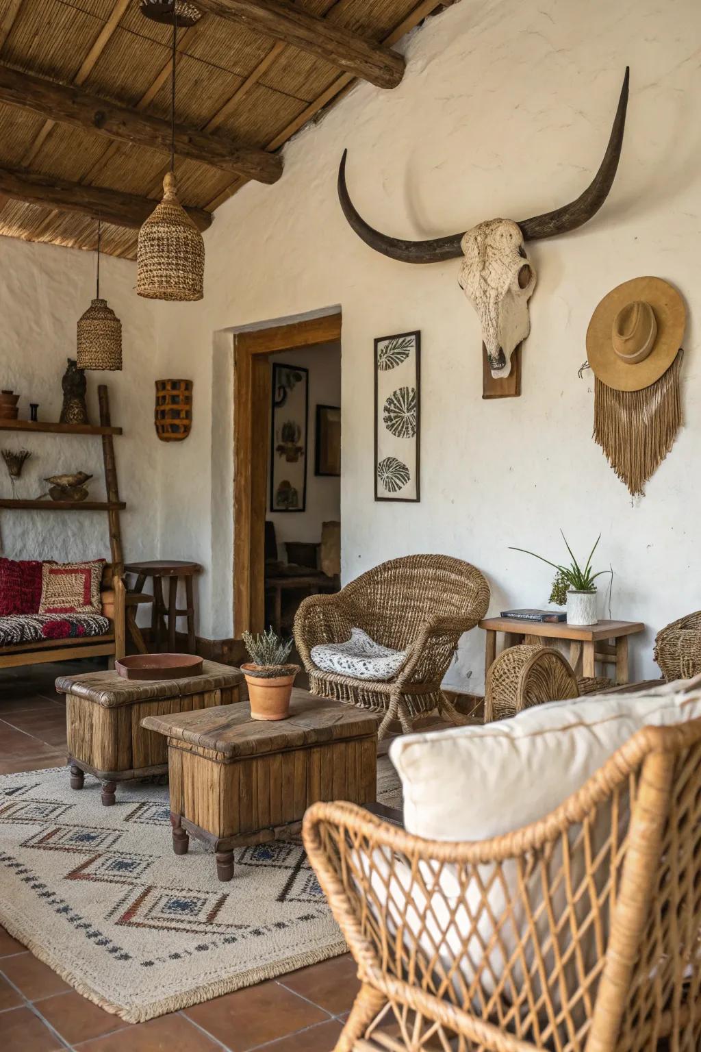 Free-spirited and country charm with a cattle skull focal point.