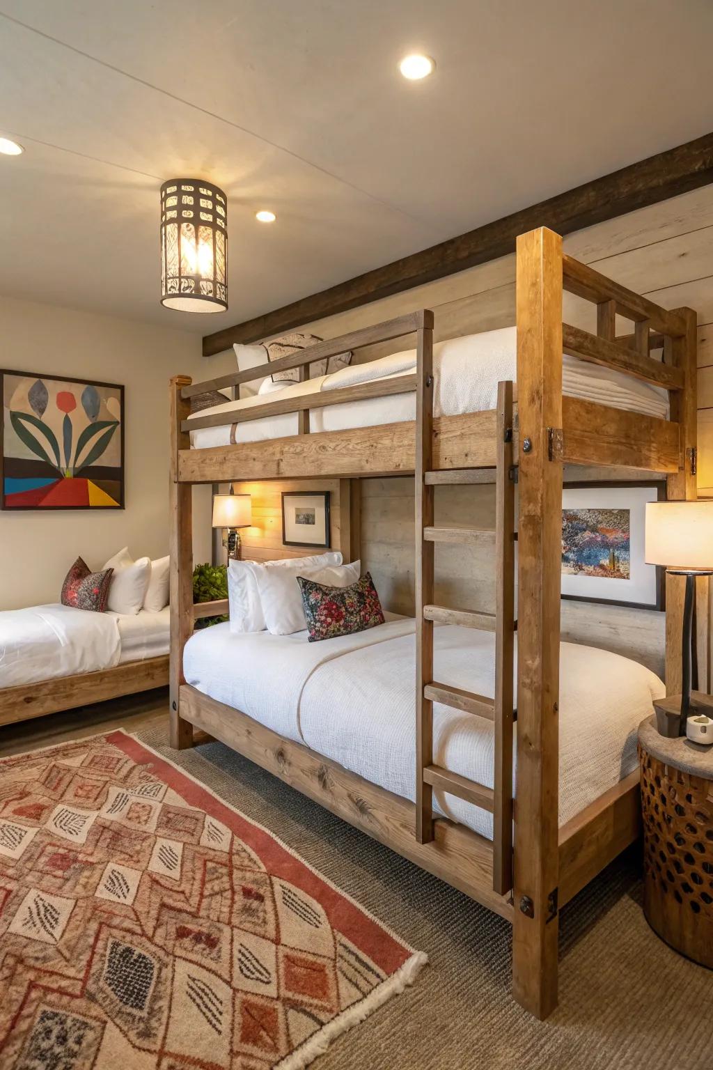 A perfect combination of rustic charm and modern elegance in a bunk room.