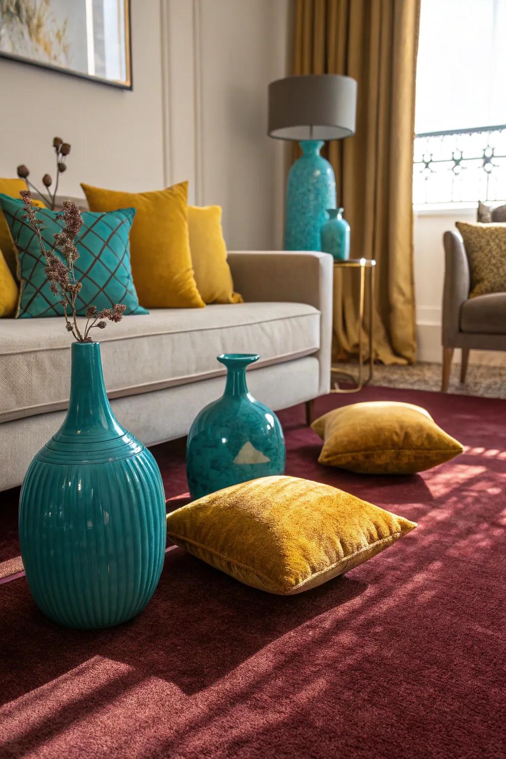 Striking accent shades like blue-green and golden yellow establish a vibrant contrast with the claret floor covering.