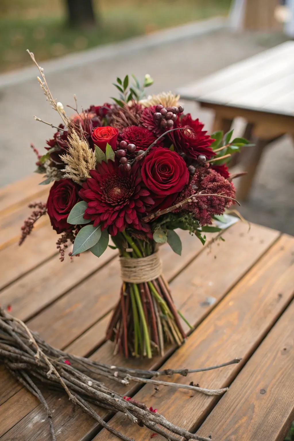 A naturally charming wedding bouquet featuring twigs and burgundy flowers.