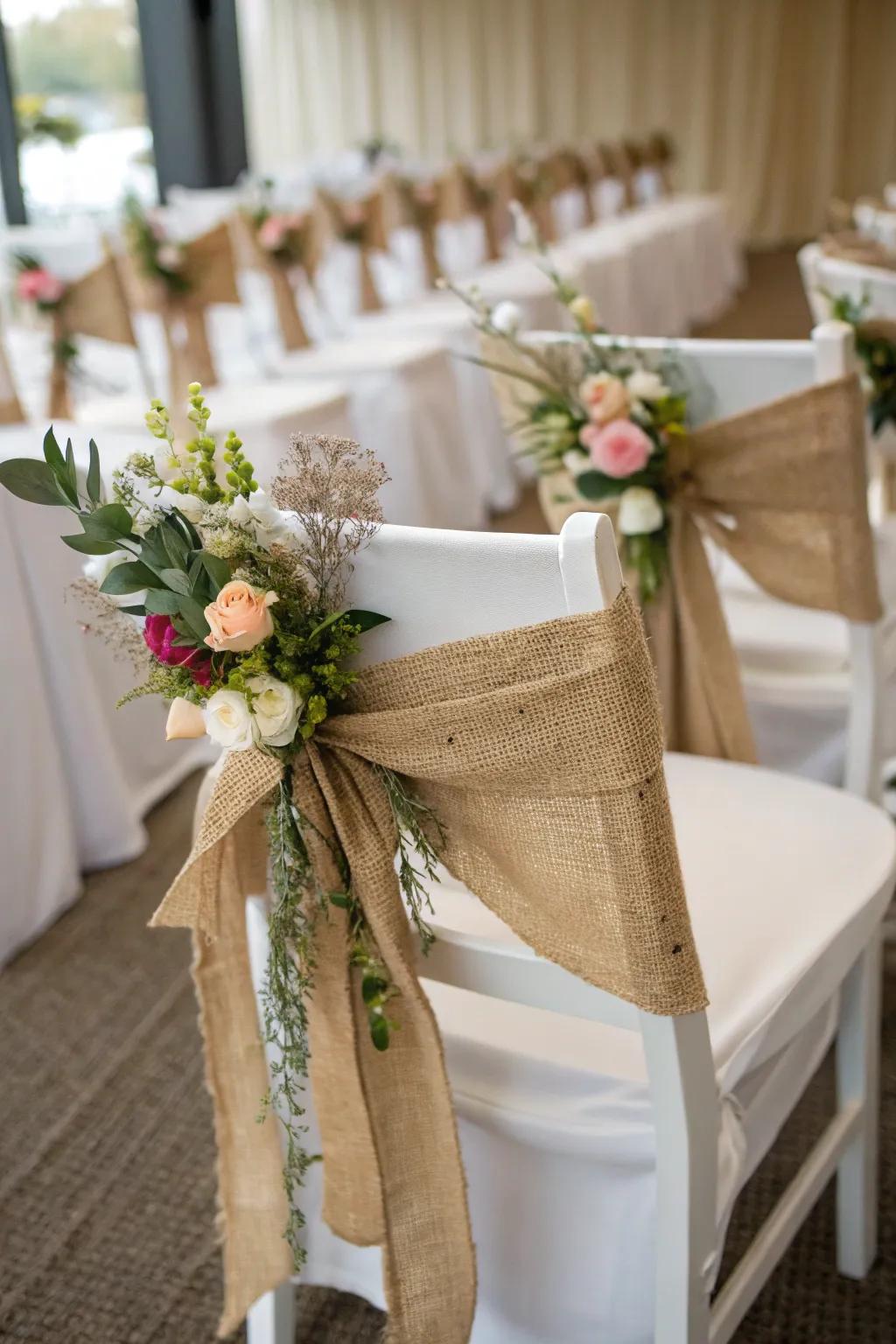 Enhance your chairs with hessian ribbons for a countryside feel.