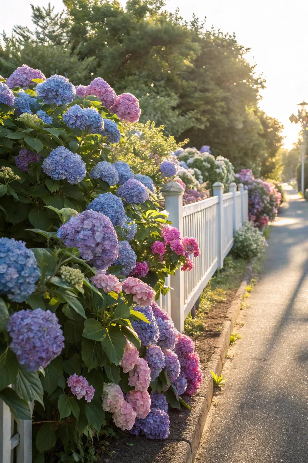 Flowering bushes provide a vibrant, scented fence.