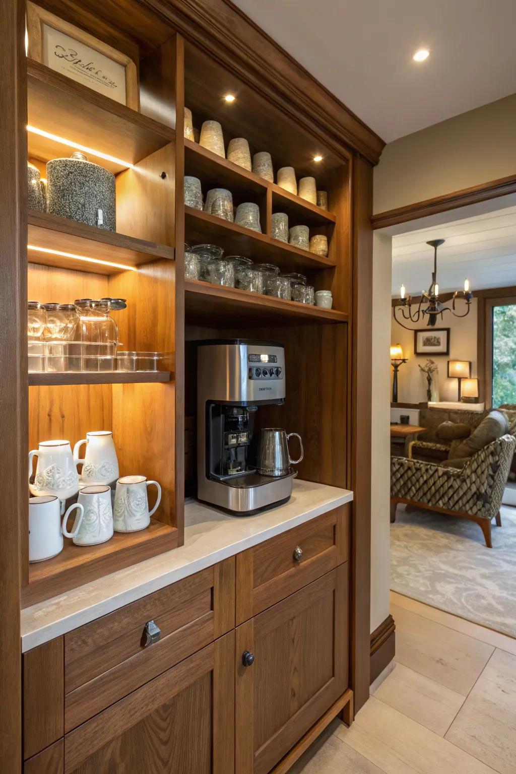 An inviting butler's pantry showcasing a built-in coffee station perfect for elevating morning routines.