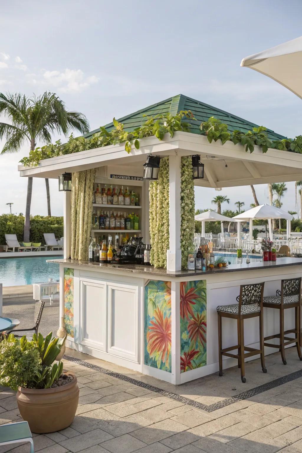 Waterside cabana showcasing a stylish outdoor serving station for entertaining.