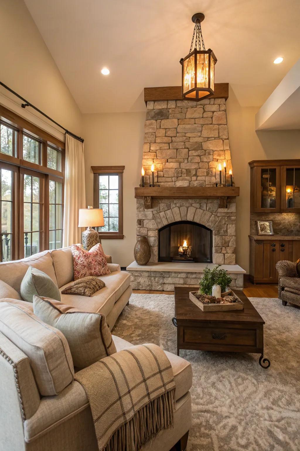 A living room centered on a stone fireplace, exuding both warmth and a cozy atmosphere.