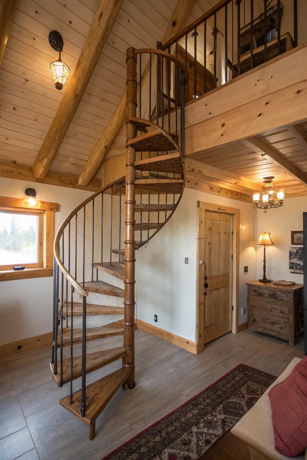 A spiral staircase introduces both style and function to a compact cabin interior.