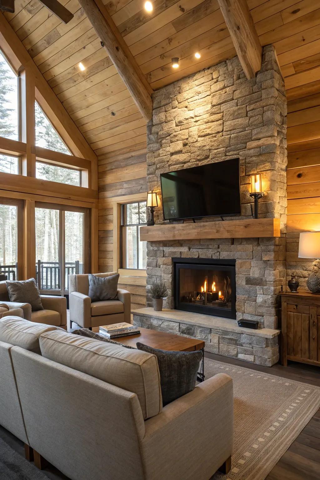 The ideal combination of modern and rustic comfort in a cabin's living space.