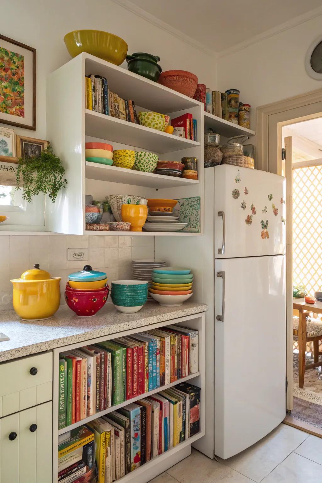 Open shelves offer room for both useful items and decorative display.