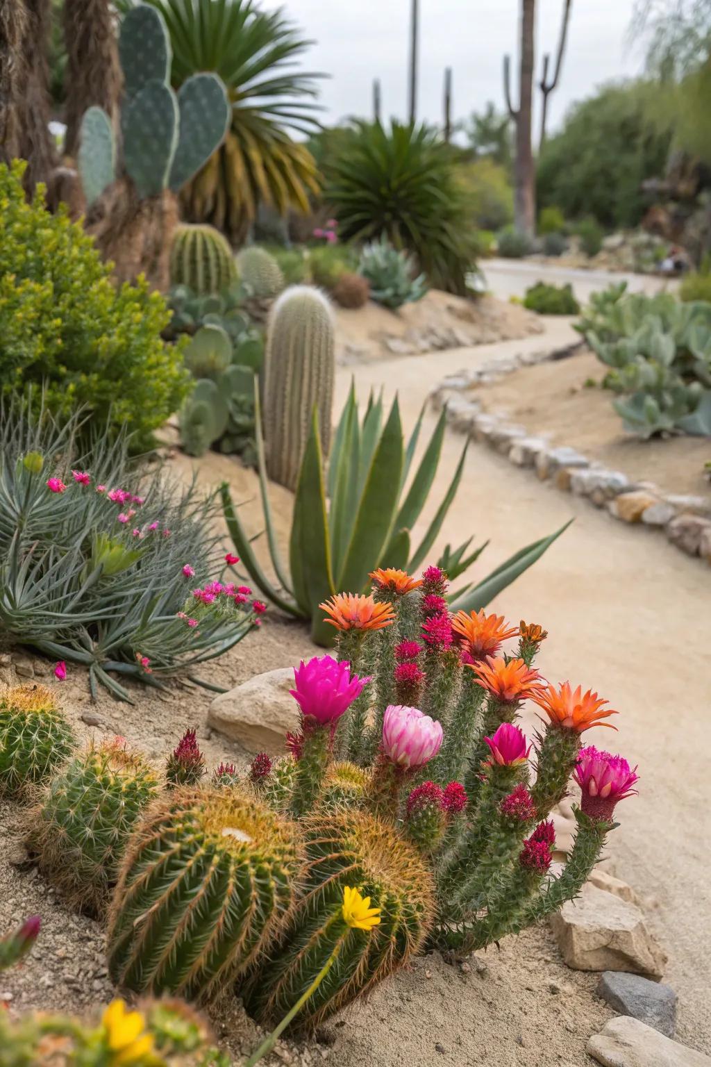 A vibrant cactus garden showcasing vividly colored blossoms and succulents.