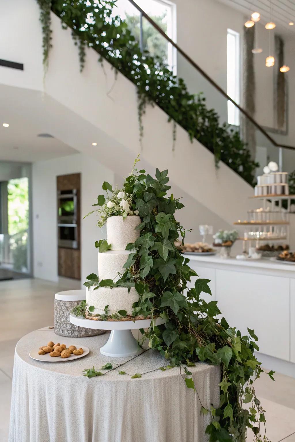 A confection presentation featuring trailing ivy and foliage, establishing a vibrant and unspoiled atmosphere.