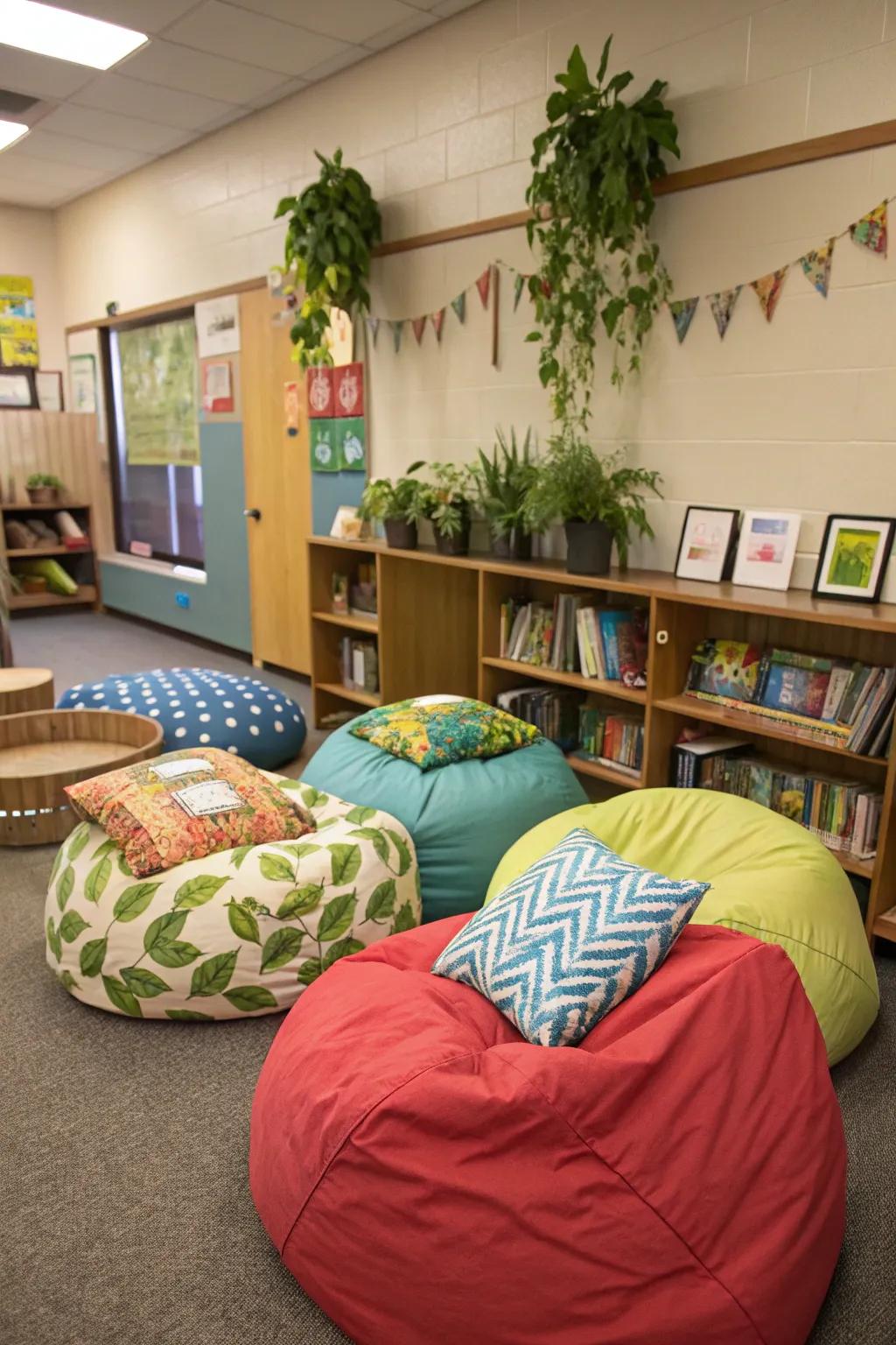 Welcoming seating choices in the classroom promote a relaxed learning atmosphere.