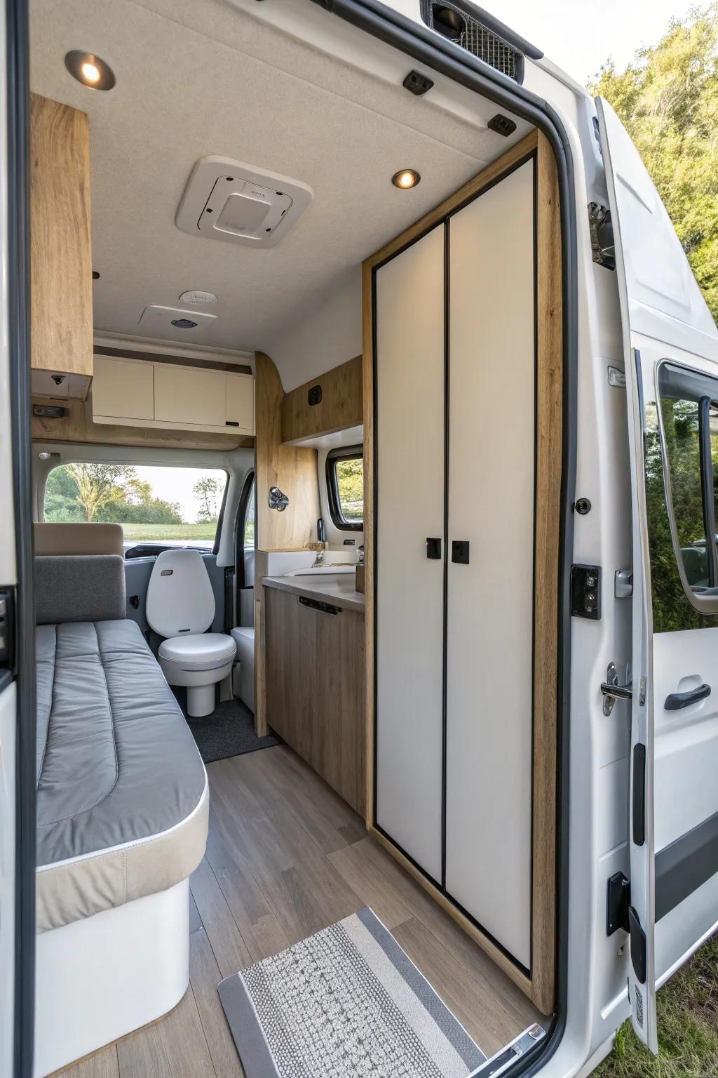 A camper van interior featuring a concealed bathroom with sliding panels for efficient use of space.