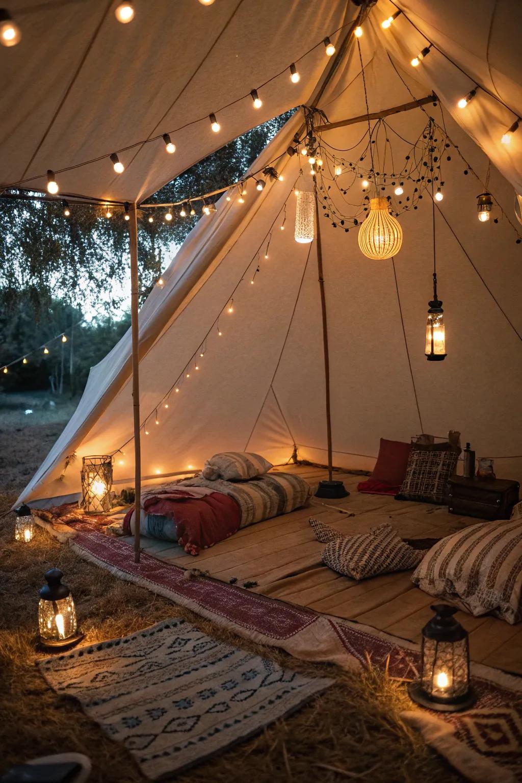 Utilize ambient lighting to convert your tent into an inviting sanctuary.