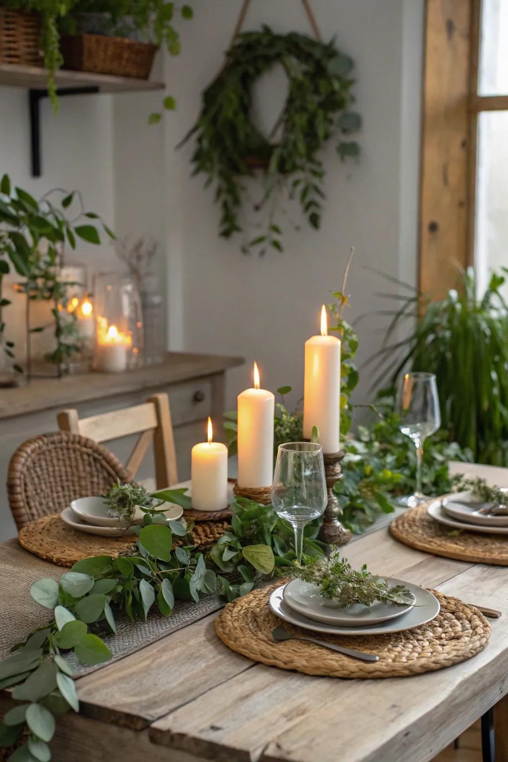 An earthy and welcoming centerpiece thanks to the pairing of foliage and lights.
