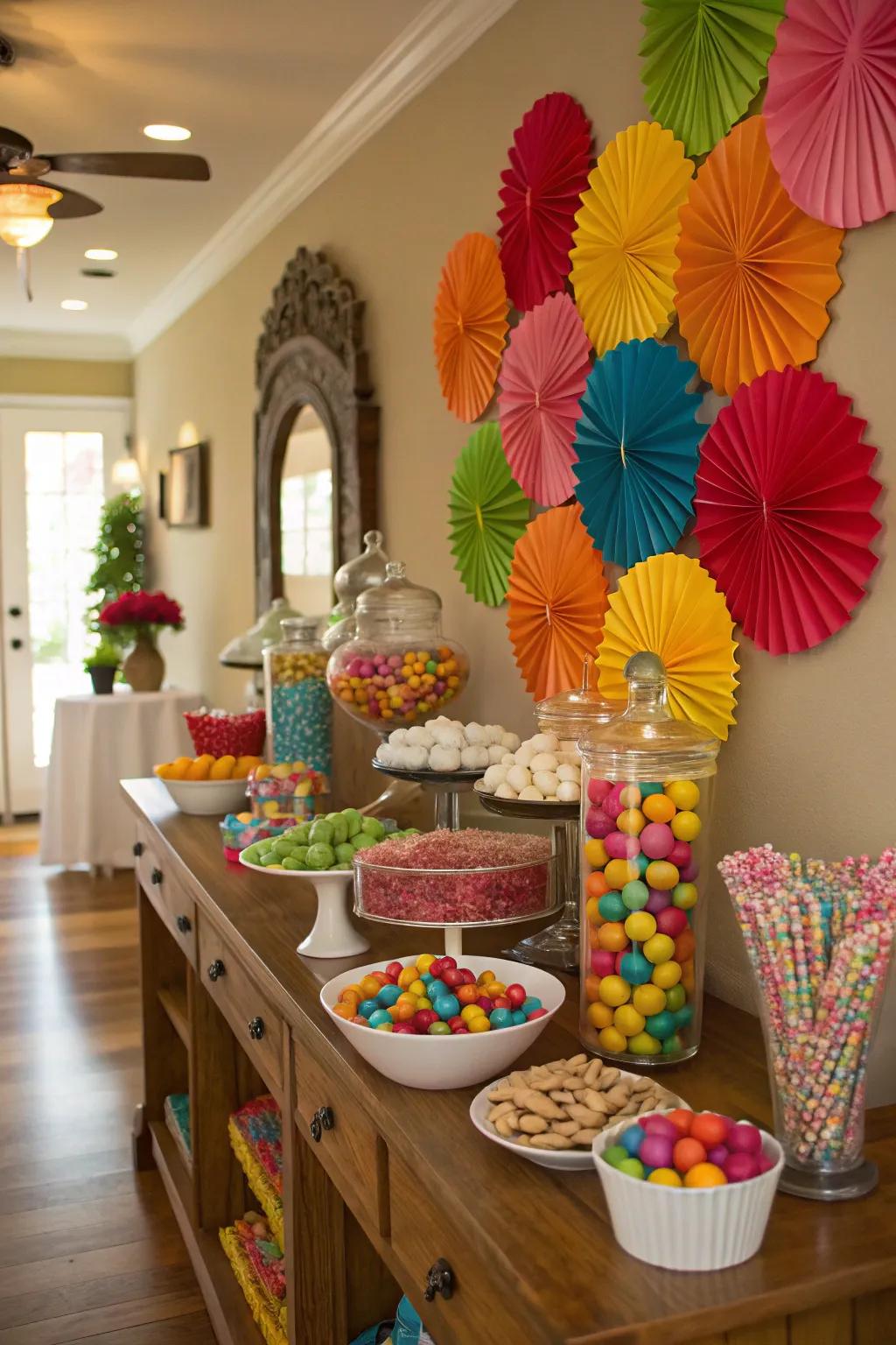 An eye-catching DIY backdrop amplifies the charm of your candy buffet.