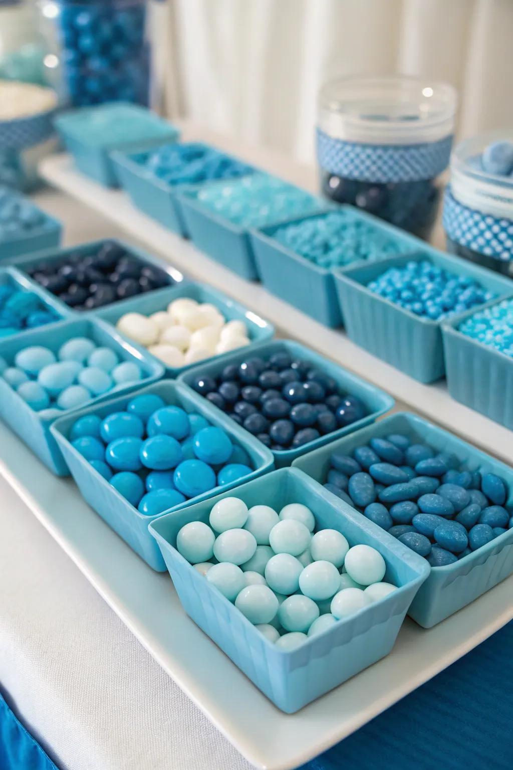 Refined monochromatic dessert buffet, dominated by an arresting azure palette.