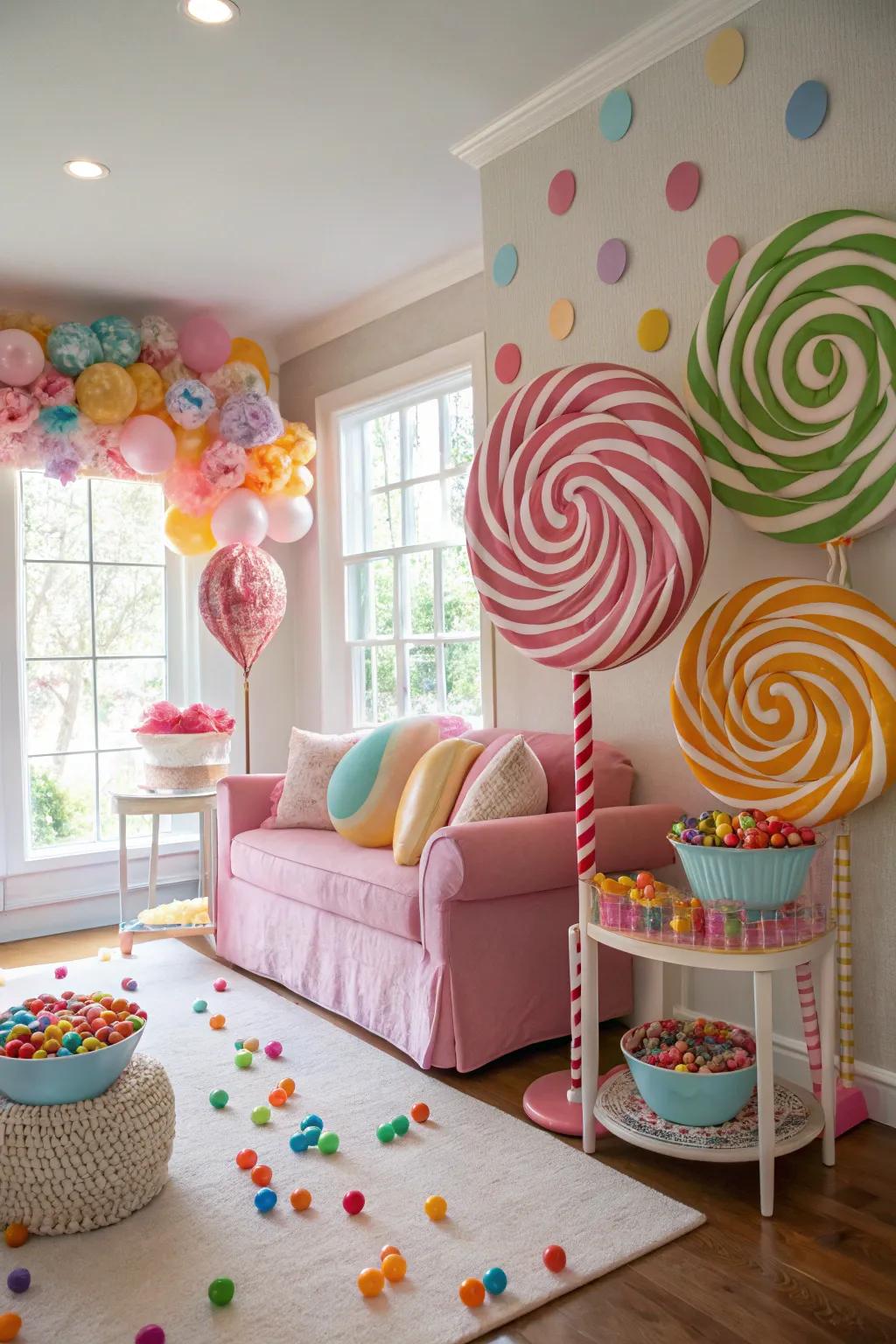 Extra-large candy decorations impart a playful sensation to your living space.