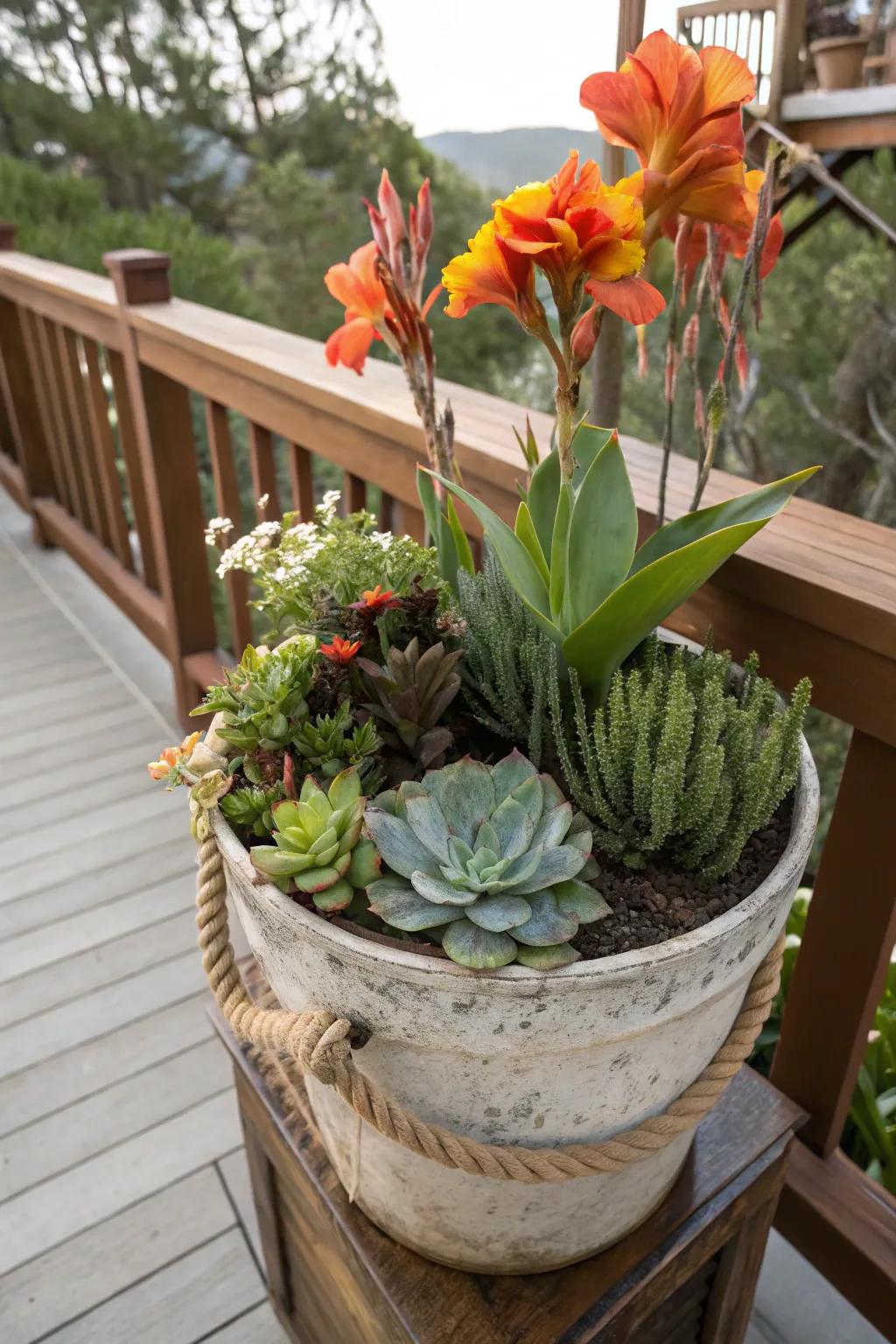 A unique blend of majestic blooms and succulents for a textured look.
