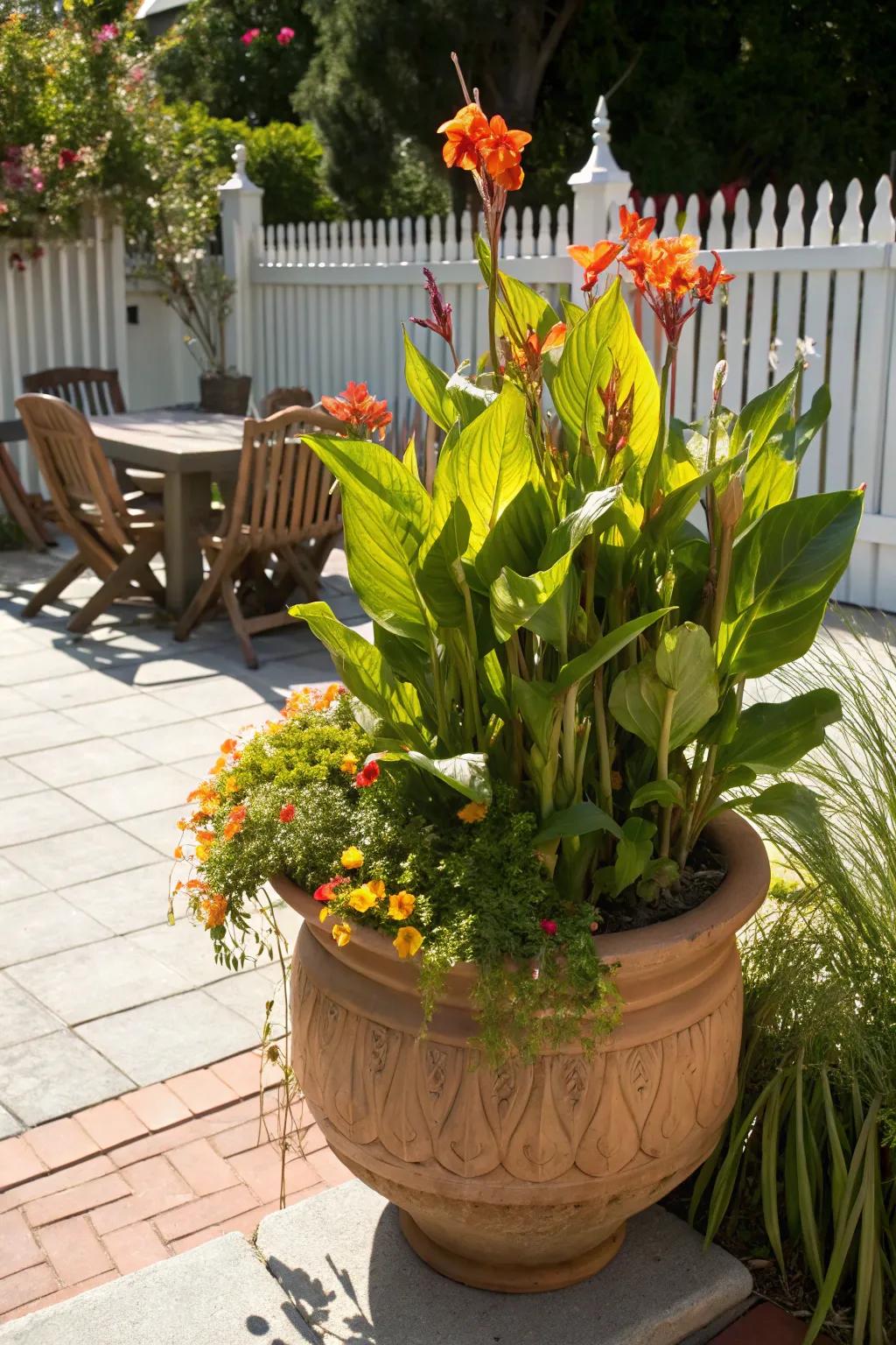 'Flame' lilies flourish in large pots, perfect for patios.