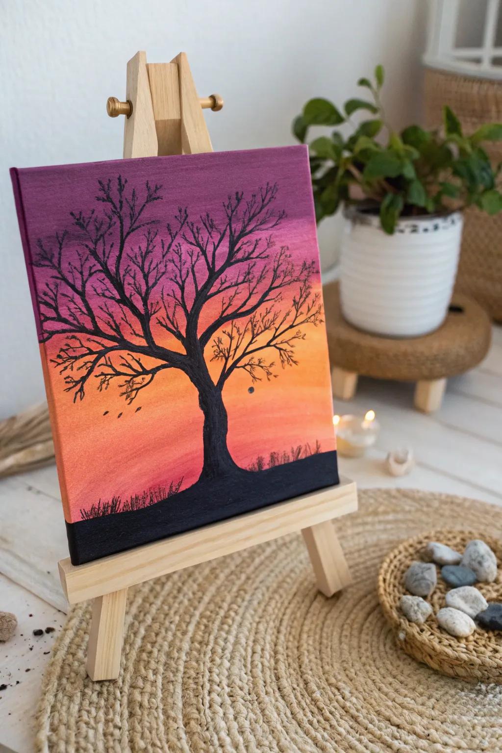 Celebrate the elegance of simplicity with a stunning silhouette against a vibrant sunset canvas, adding a touch of drama and natural beauty to your cherished space.