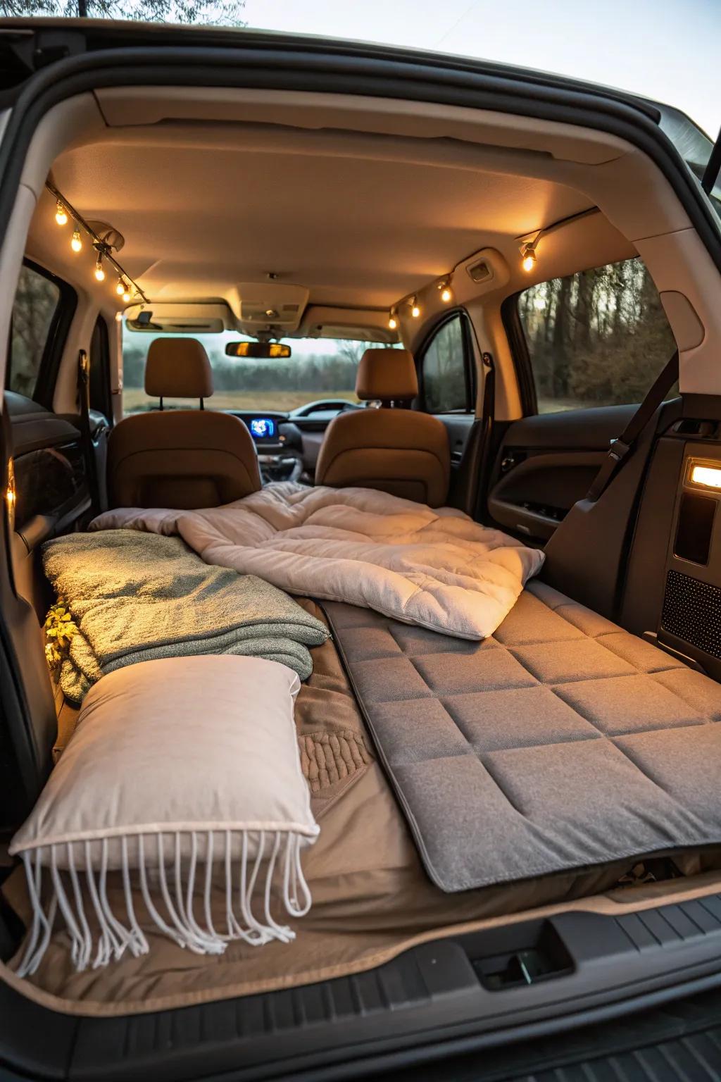 Transform your car into a snug sleeping area with the appropriate bedding options.