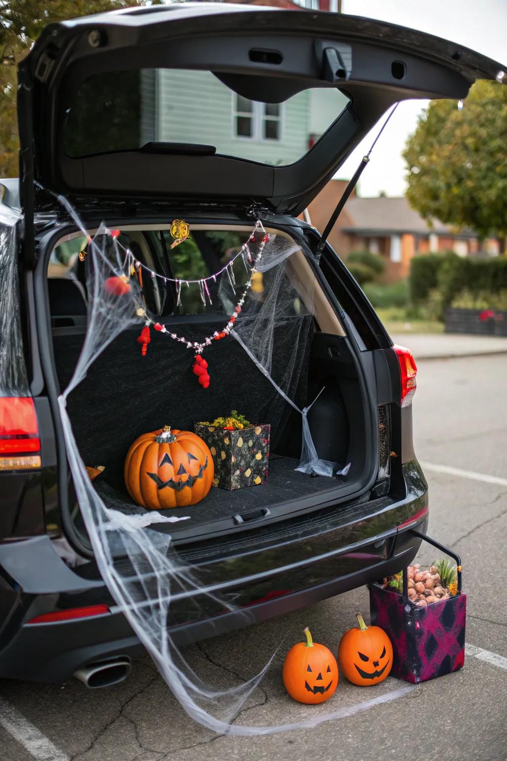 A trunk fashioned into a spooky Halloween scene, ideal for a trunk or treat event.