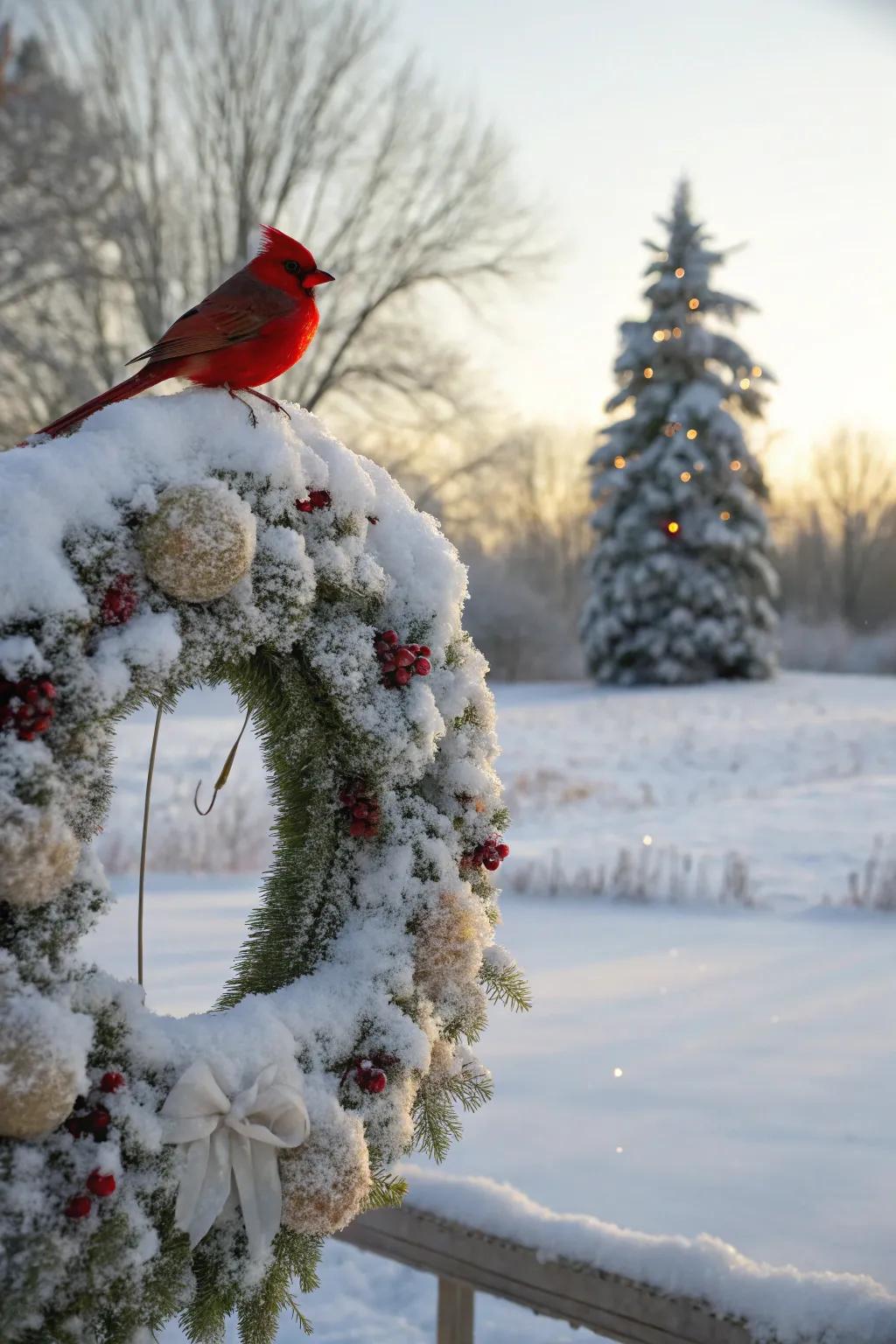 A snow-laden cardinal wreath radiating winter enchantment.
