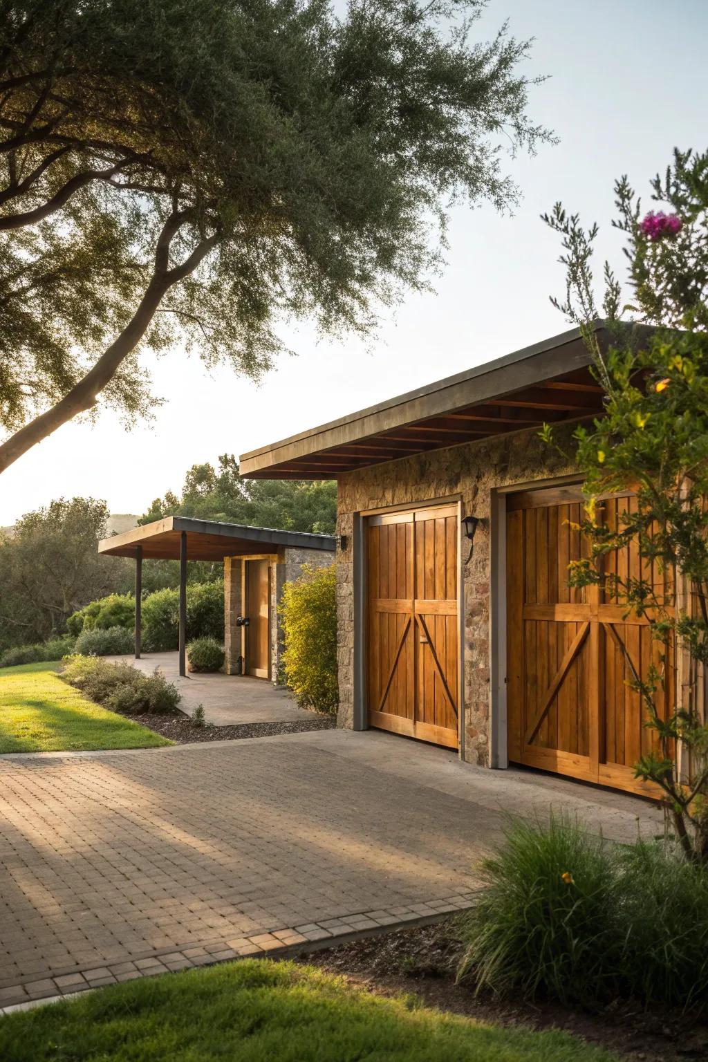 A carport with inviting timber doors, establishing a serene connection with the surrounding landscape.