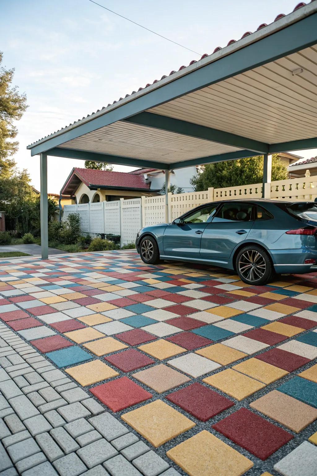 Design eye-catching patterns using modular tiles in your carport.