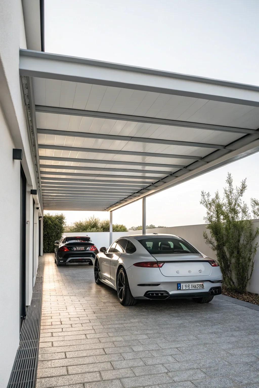 A minimalist carport featuring straightforward outlines and a streamlined, modern appeal.
